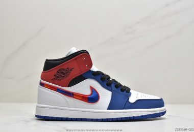 乔丹中帮 AJ1 红蓝色刺绣 Air Jordan 1 Mid 蓝幻勾彩色刺绣鞋头白蓝拼接篮球鞋