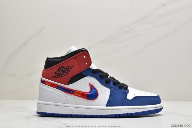 联名, 篮球鞋, Swoosh, Jordan, Aj1, Air Jordan 1 Mid, Air Jordan 1, Air Jordan - 乔丹中帮 AJ1 红蓝色刺绣 Air Jordan 1 Mid 蓝幻勾彩色刺绣鞋头白蓝拼接篮球鞋