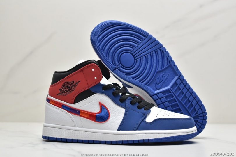 联名, 篮球鞋, Swoosh, Jordan, Aj1, Air Jordan 1 Mid, Air Jordan 1, Air Jordan - 乔丹中帮 AJ1 红蓝色刺绣 Air Jordan 1 Mid 蓝幻勾彩色刺绣鞋头白蓝拼接篮球鞋