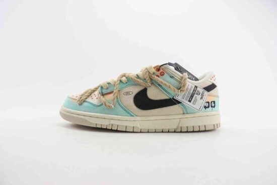 Nike SB Dunk Low 绑带解构 定制配色 天使刺子绣 米白蓝 货号：DV0834-100